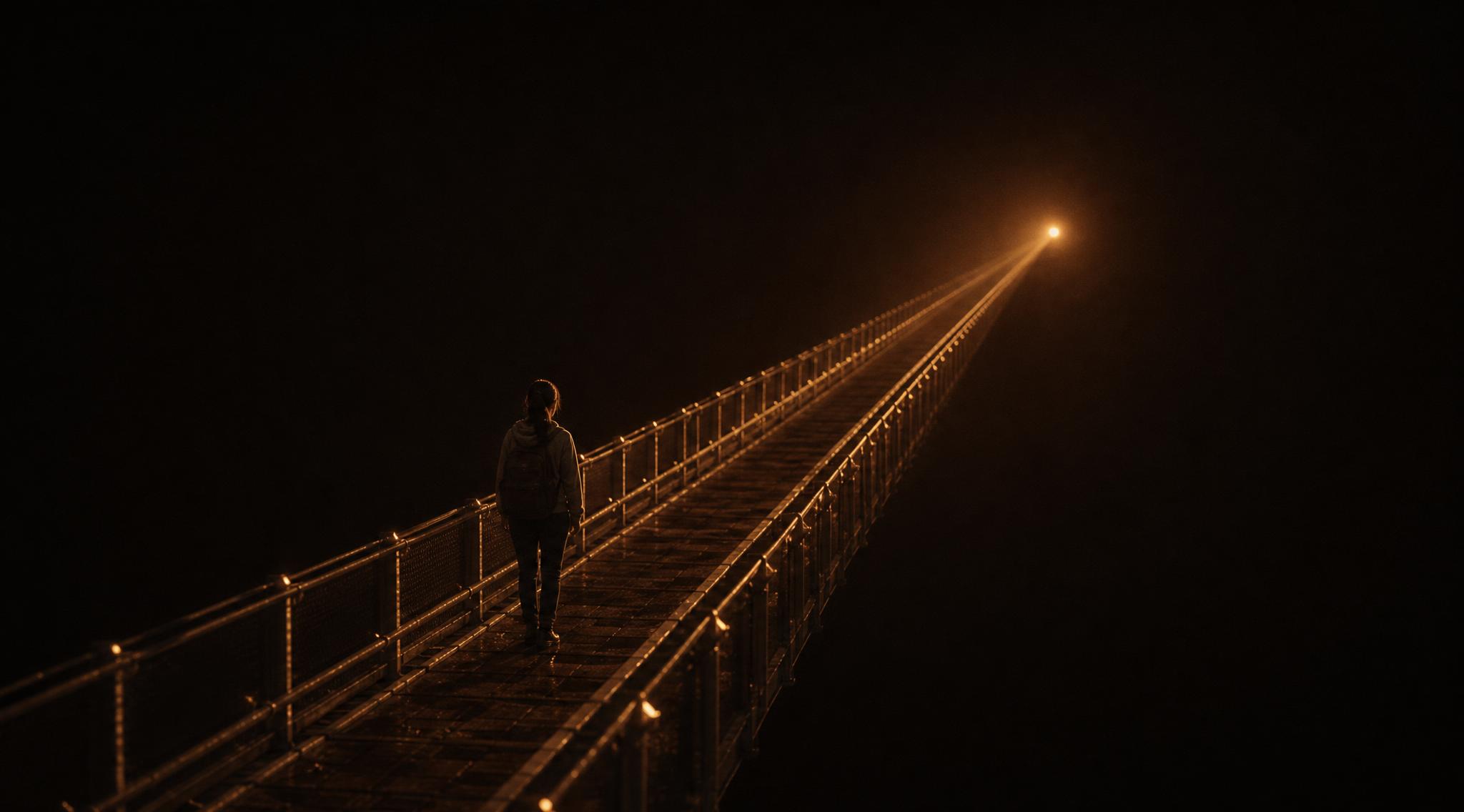 A lone figure walking a long lit bridge into the dark, toward a single light at the far end