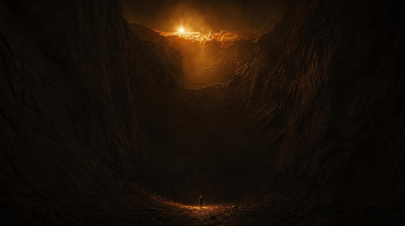 A lone figure at the floor of a vast dark canyon, the only light breaking over the rim far above