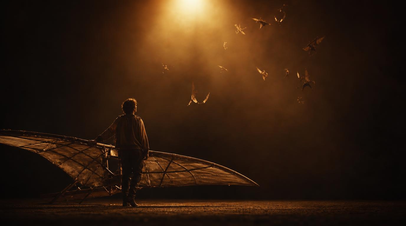 A figure beside a hand-built glider, watching birds in the light above