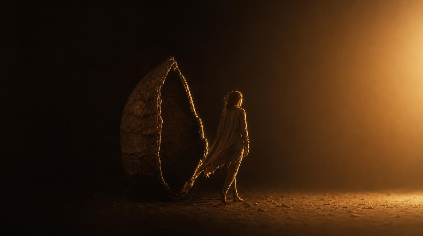A figure stepping through a seed-pod doorway into warm light