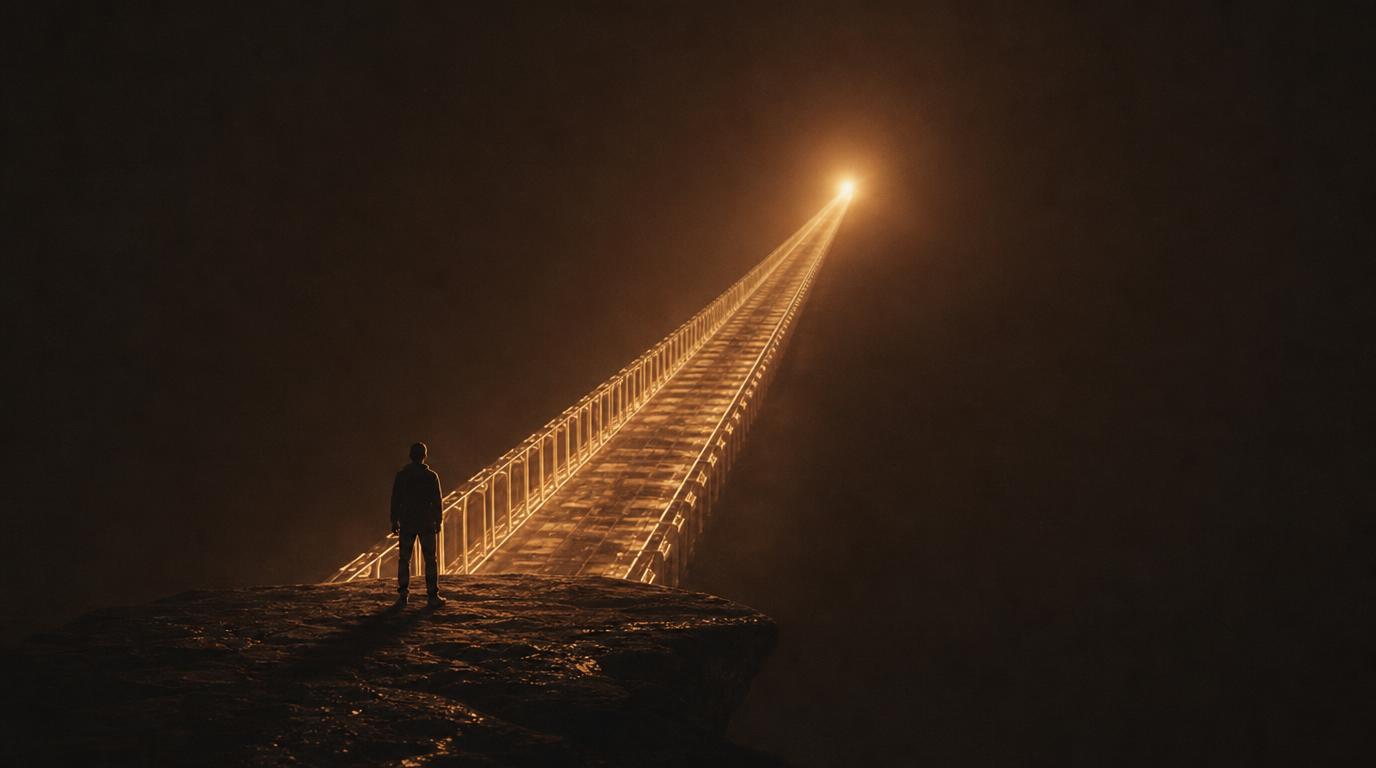 A figure at the foot of a staircase of light rising off a cliff edge